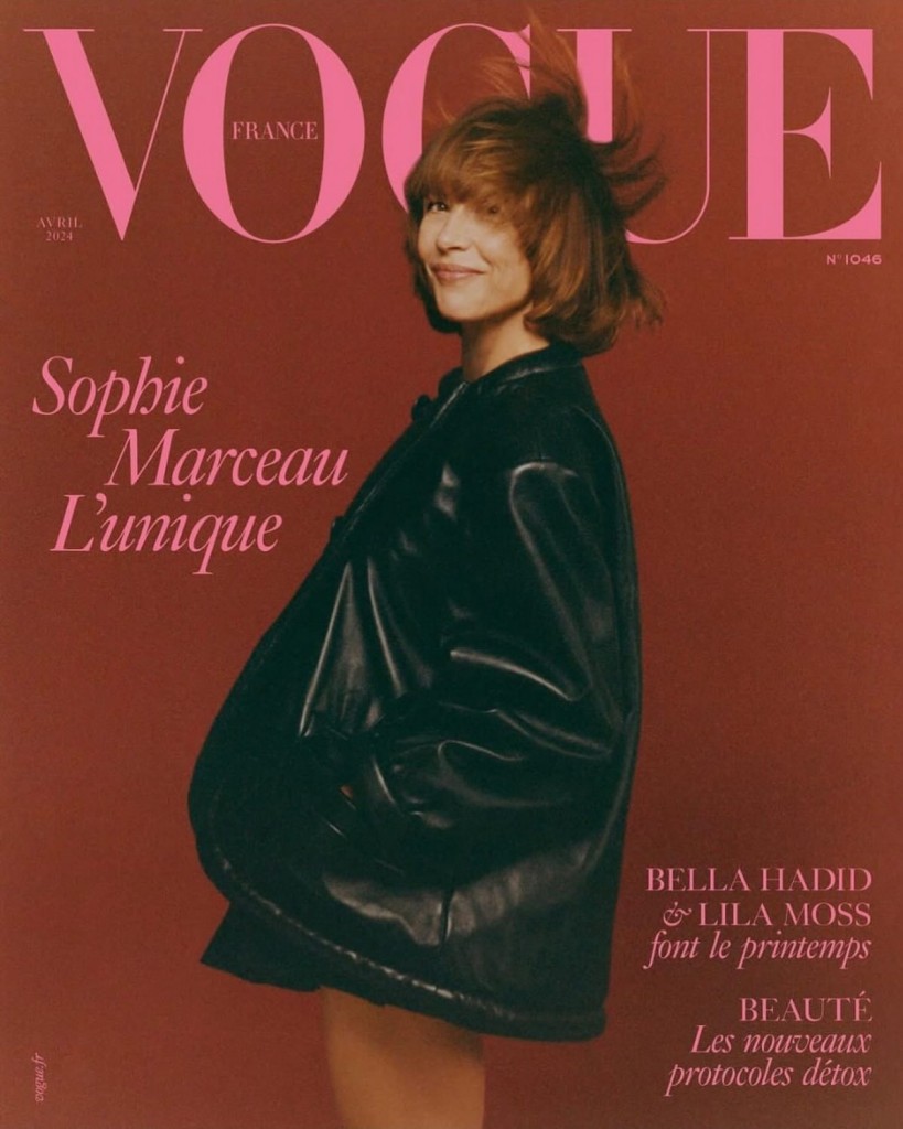 Sophie Marceau on the cover of Vogue France's April 2024 edition shot by Quentin De Briey